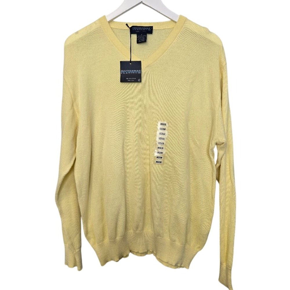 Hathaway Sweater Mens Medium Yellow Pima Cotton‎ V-Neck Made in Italy Golf Retro